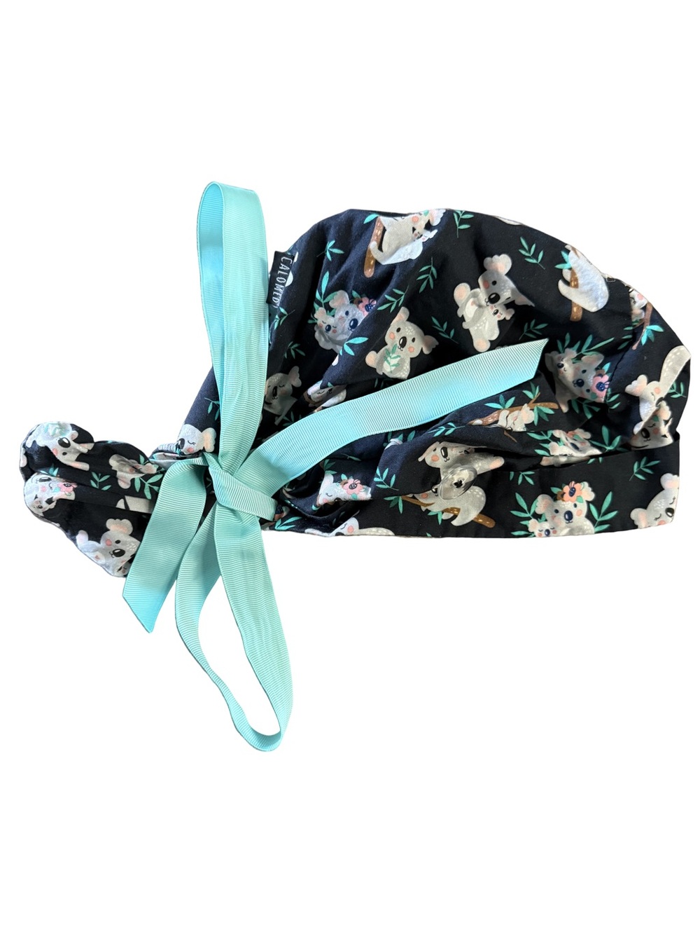 Women’s Black Koala Print Scrub Cap with Turquoise Ribbon Ties